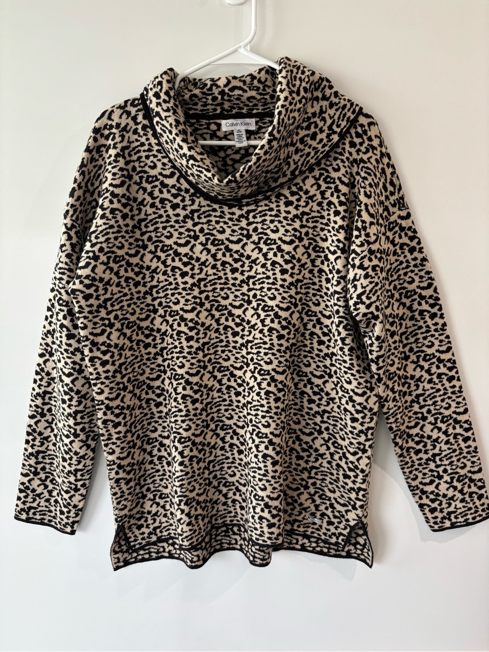 Calvin Klein Beige and Black cheetah Cowl Neck Sweater